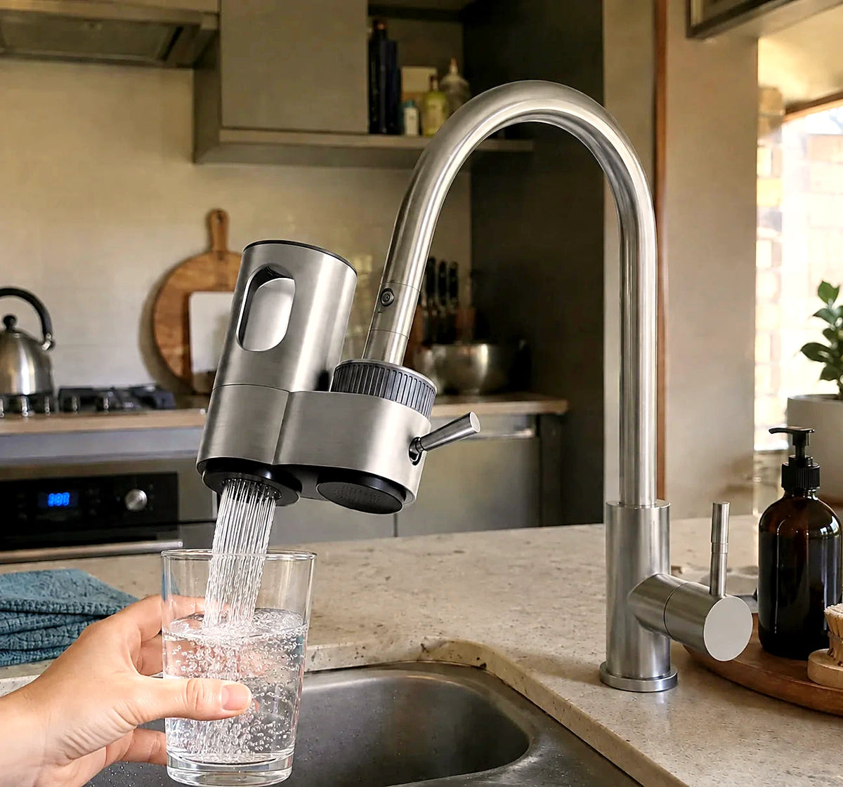Aurio tap water filter fitted to a kitchen mixer tap, filling a glass with filtered water
